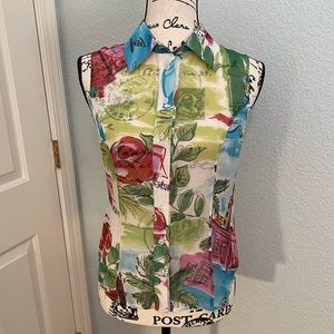 St. John Sport by Marie Gray silk printed sleeveless button down top size P